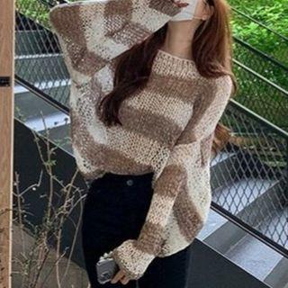Color Block Knit Top Coffee - One Size