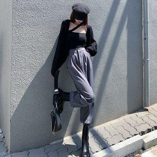 Asymmetric Knit Top / Open-front Knit Cardigan / High-waist Pleated Dress Pants