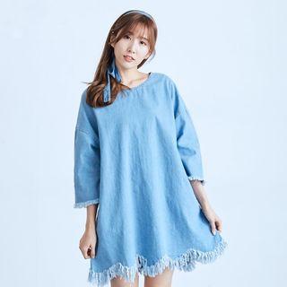 Fringed Denim Shift Dress