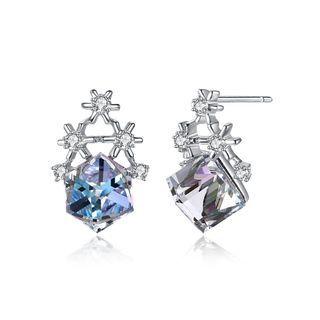 925 Sterling Silver Fashion Simple Snowflake Square Earrings With Colorful Austrian Element Crystals Silver - One Size
