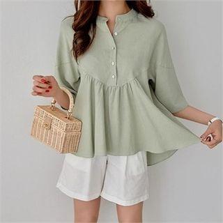 Half-placket Elbow-sleeve Top