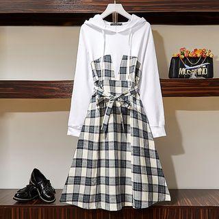 Mock Two-piece Plaid Panel Hoodie Dress