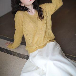 Set: Long-sleeve Plain Knit Top + High-waist Plain Skirt