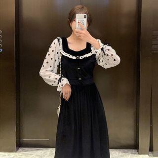 Long-sleeve Color-block Dotted Dress