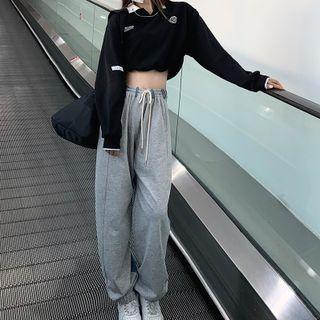 Denim Panel High-waist Wide-leg Sweatpants / Cropped Sweatshirt