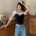 Mock Two-piece Short-sleeve Ruffled T-shirt Black - One Size