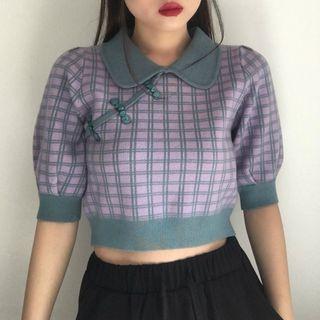 Short-sleeve Plaid Cropped Polo Knit Top