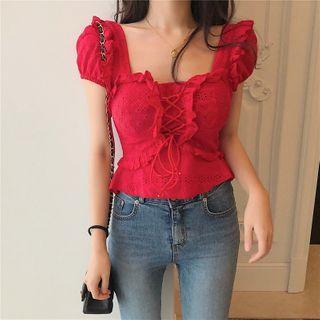 Lace-up Puff-sleeve Eyelet Blouse