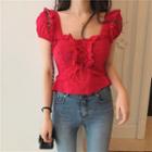 Lace-up Puff-sleeve Eyelet Blouse