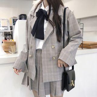 Plaid Blazer / Mini A-line Pleated Skirt / Bow-accent Shirt / Set