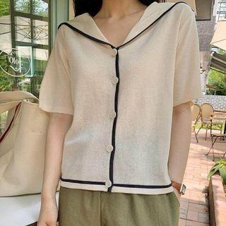 Short-sleeve Sailor Collar Button-up Knit Top White - One Size