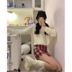 Round-neck Cable-knit Sweater + Plaid Mini Skirt