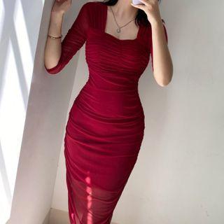 Elbow-sleeve Shirred Midi Sheath Dress