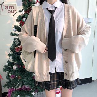 Plain Cardigan / Plaid Pleated Skirt / Shirt / Tie / Set