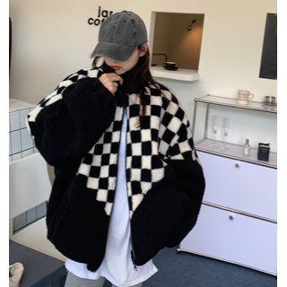 Long-sleeve Plaid Fleece Lined Baseball Jacket Black - One Size