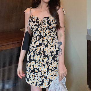 Flower Print Spaghetti Strap Mini Dress Black - One Size