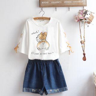 Dog Print Short-sleeve T-shirt / Denim Shorts / Set