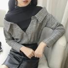 Mock Two-piece Long-sleeve Plaid Panel Top