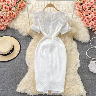 Beaded Puff Sleeve Slit Dress