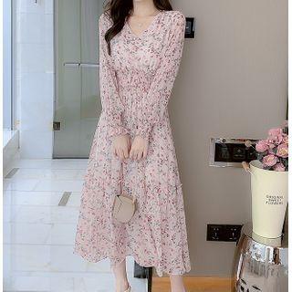 Long-sleeve V-neck Floral Chiffon Midi Dress