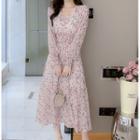 Long-sleeve V-neck Floral Chiffon Midi Dress