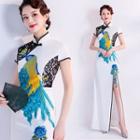 Peacock Embroidered Short-sleeve Maxi Qipao