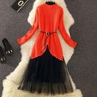 Set: Faux Pearl Long Sweater + Sleeveless A-line Midi Mesh Dress
