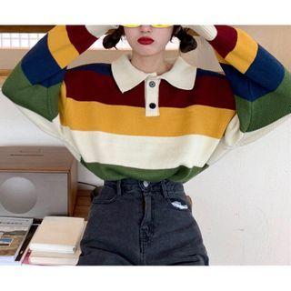 Polo-neck Color Block Sweater Striped - Yellow & White & Blue - One Size