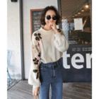 Mock-neck Embroidered-sleeve Knit Top