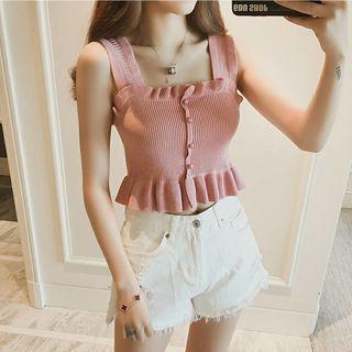 Ruffled Sleeveless Cropped Knit Top