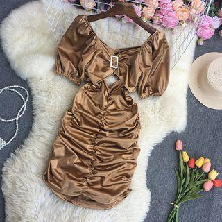 Puff-sleeve Chirred Mini Sheath Dress