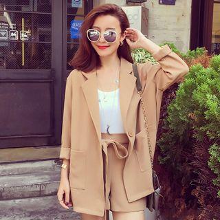 Set: Single-breasted Blazer + Tie-front Wide Leg Shorts
