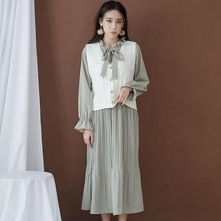 Set: Bell-sleeve Midi Pleated Dress + Knit Vest