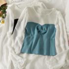 Chiffon-sleeve Colorblock Crop Knit Top