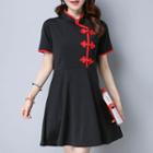 Mandarin-collar Short-sleeve A-line Dress