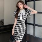 Short-sleeve Collar Houndstooth Knit Mini Sheath Dress
