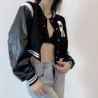 Button-through Lettering Faux Leather Sleeves Baseball Jacket