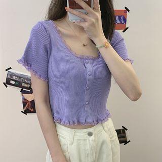 Lace-trim Ribbed Knit Short-sleeve Top