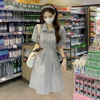 Puff-sleeve Polo-neck A-line Dress