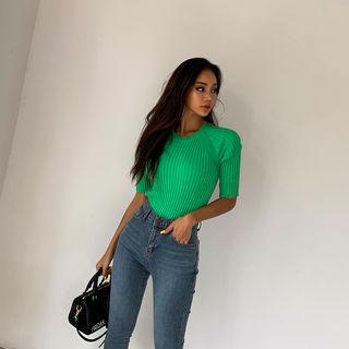 Raglan Vivid-color Rib-knit Top