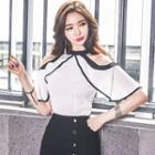 Shoulder Cut Out Elbow-sleeve Blouse / Ruffle Fitted Skirt