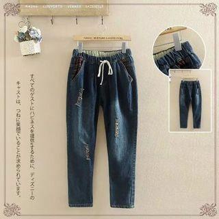 Drawstring Washed Distressed Slim-fit Jeans