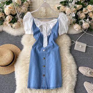 Puff-sleeve Panel Denim Dress