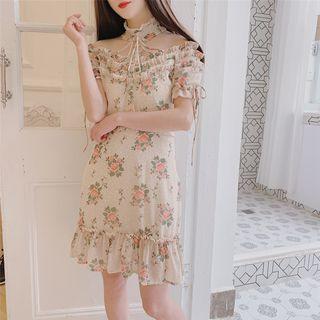 Short-sleeve Choker Neck Cold Shoulder Floral A-line Dress