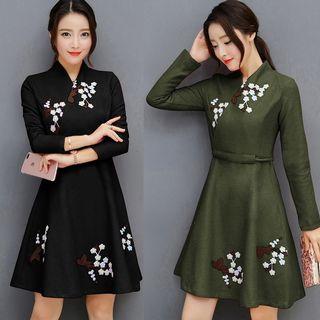 Embroidered A-line Wrapped Dress