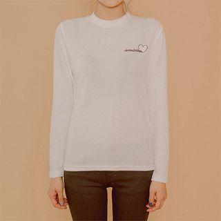 Mock-neck Heart Embroidered T-shirt