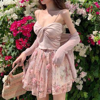 Open Back Camisole Top / Knit Jacket / Floral Skort