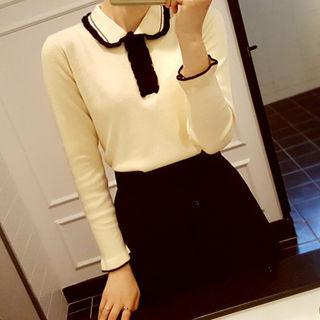 Contrast-trim Collared Knit Top