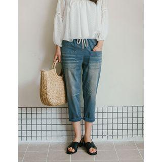 Drawcord-waist Dual-pocket Washed Baggy-fit Jeans