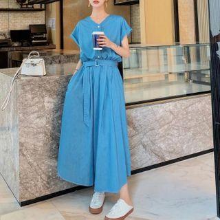 Short-sleeve Belted Denim Midi A-line Dress